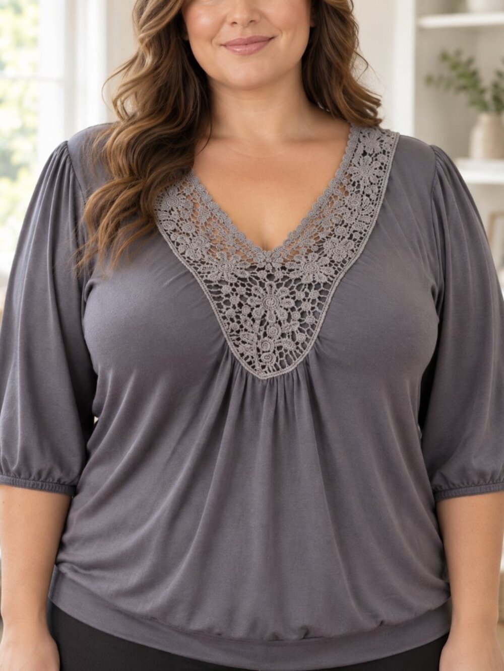 Judith Gray Lace Inset Top XXL 2X 3/4 Sleeve Stretchy Blouse